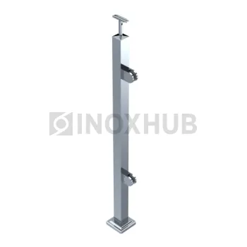 Стойка ограждения в сборе квадратная с фланцем, 2 стеклодержателя, 40×40×900 мм, AISI 304, GRIT 600